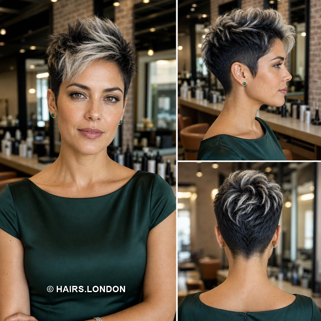 12 Silver Highlighted Pixie Cuts With Dark Roots and Textured Shape Brunette Textured Quiff