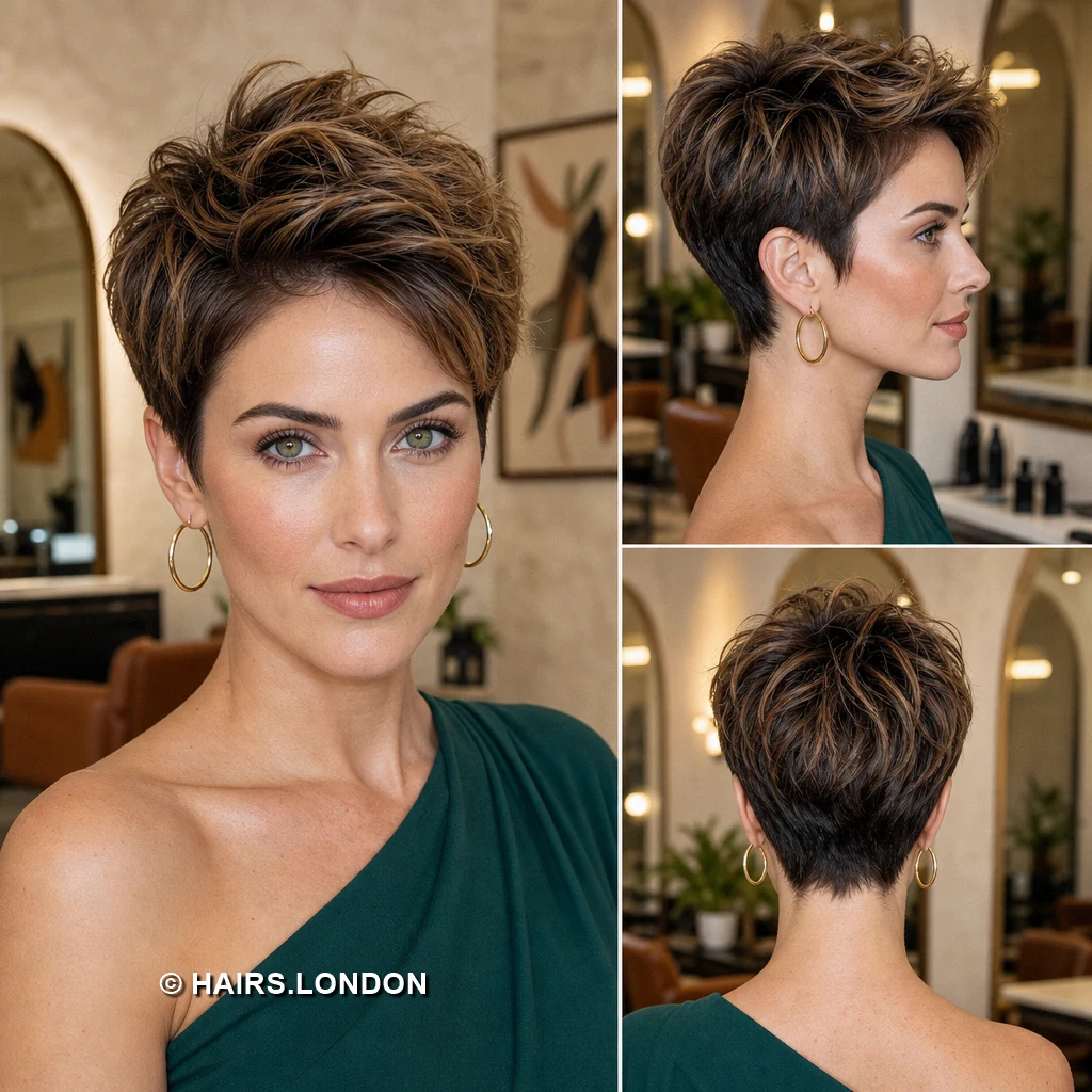 20 Highlighted Pixie Cuts with Texture, Volume, and Side-Swept Fringe Brunette Tousled Pixie