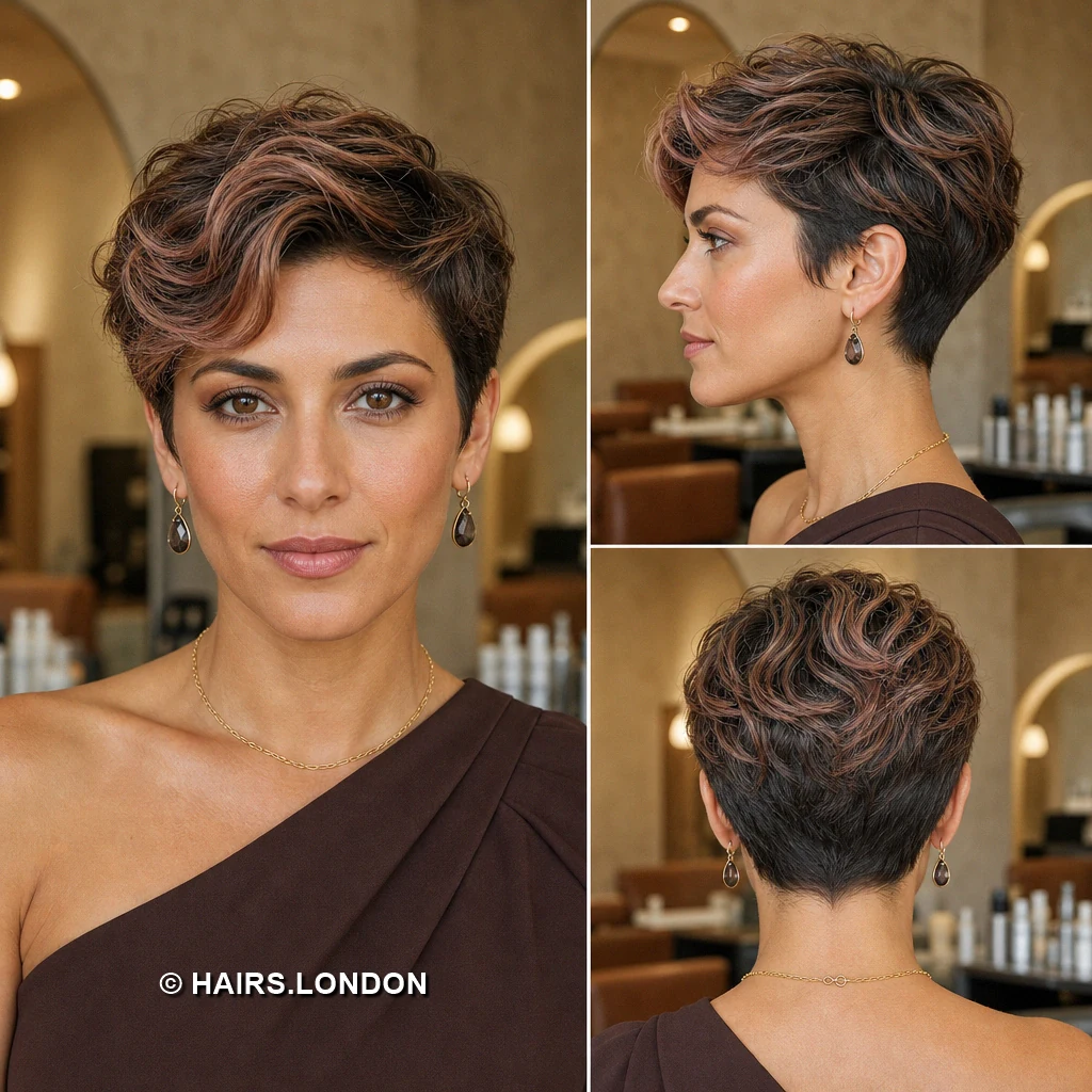 11 Highlighted Pixie Cuts with Sweeping Fringes and Textured Crowns Brunette Waved Pixie