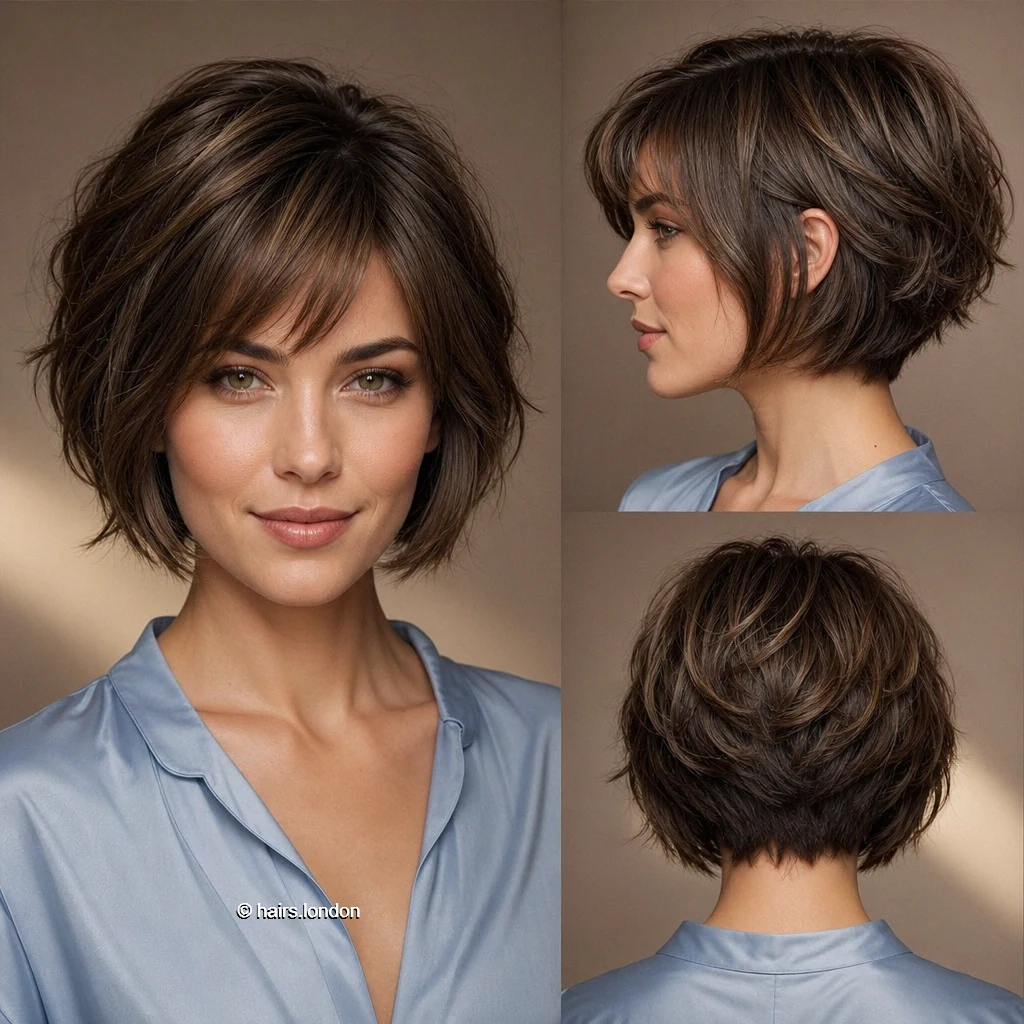 20 Brown Bob Haircuts: Rounded, Layered, Wavy and Angled Ideas Brunette Wispy Shag