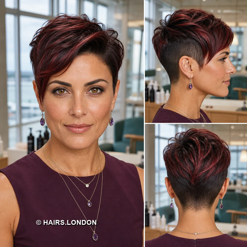 20 Burgundy Pixie Cuts, From Sleek Sweeps to Sculpted Curls Burgundy Angled Fringe