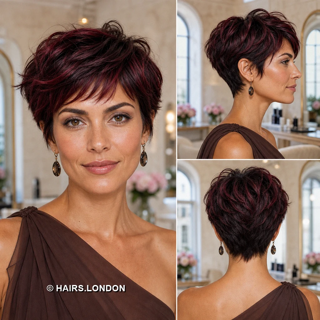 19 Burgundy Pixie Haircuts with Swept Fringe, Texture, and Tapered Napes Burgundy Brushed Crop