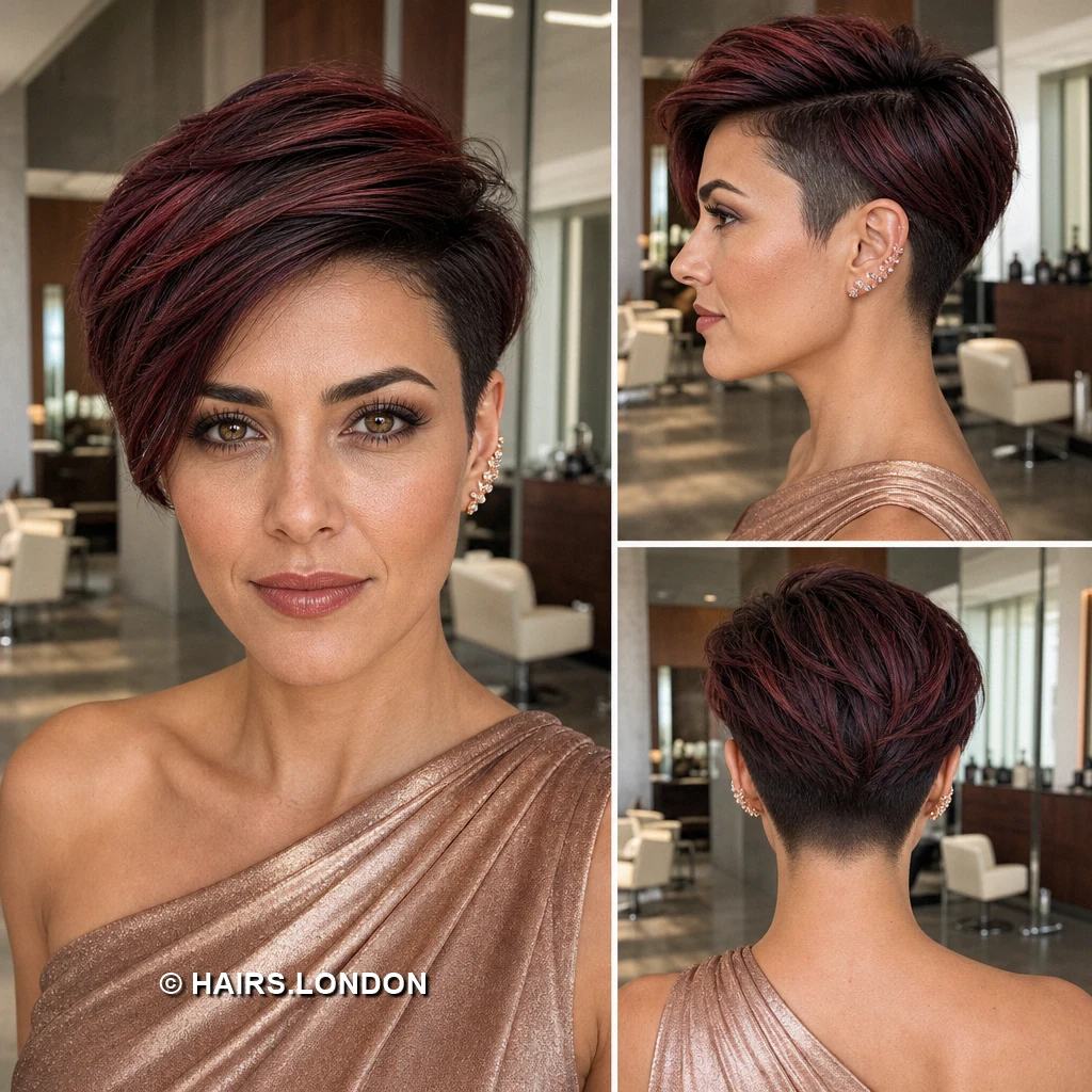 19 Burgundy Pixie Haircuts with Texture, Lift, and Side-Swept Shape Burgundy Compact Crop