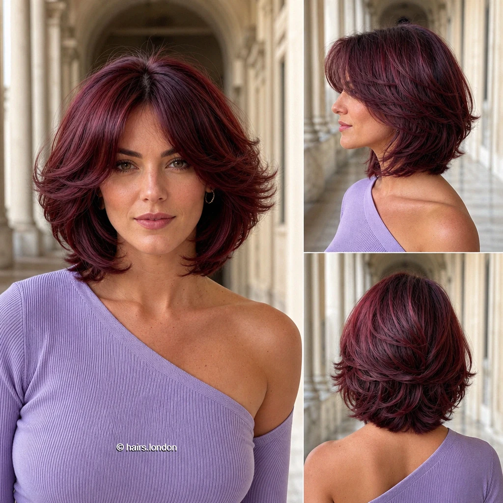 20 Bob Haircut Ideas: Rounded, Textured and Fringe Styles Burgundy Curtain Bob