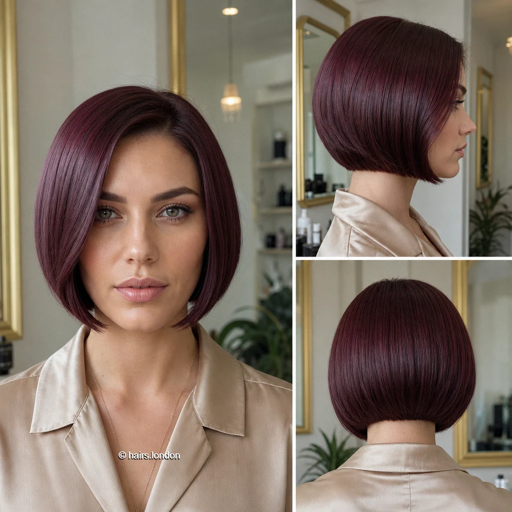 19 Purple Bob Haircut Ideas, From Sleek Lines to Soft Layers Burgundy Curved Bob