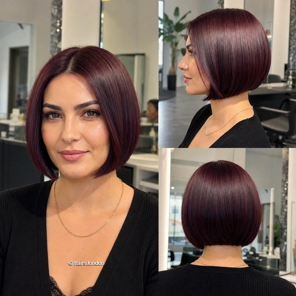 20 Colorful Bob Haircuts, From Sleek Jaw-Length Cuts to Layered Shapes Burgundy Curved Bob