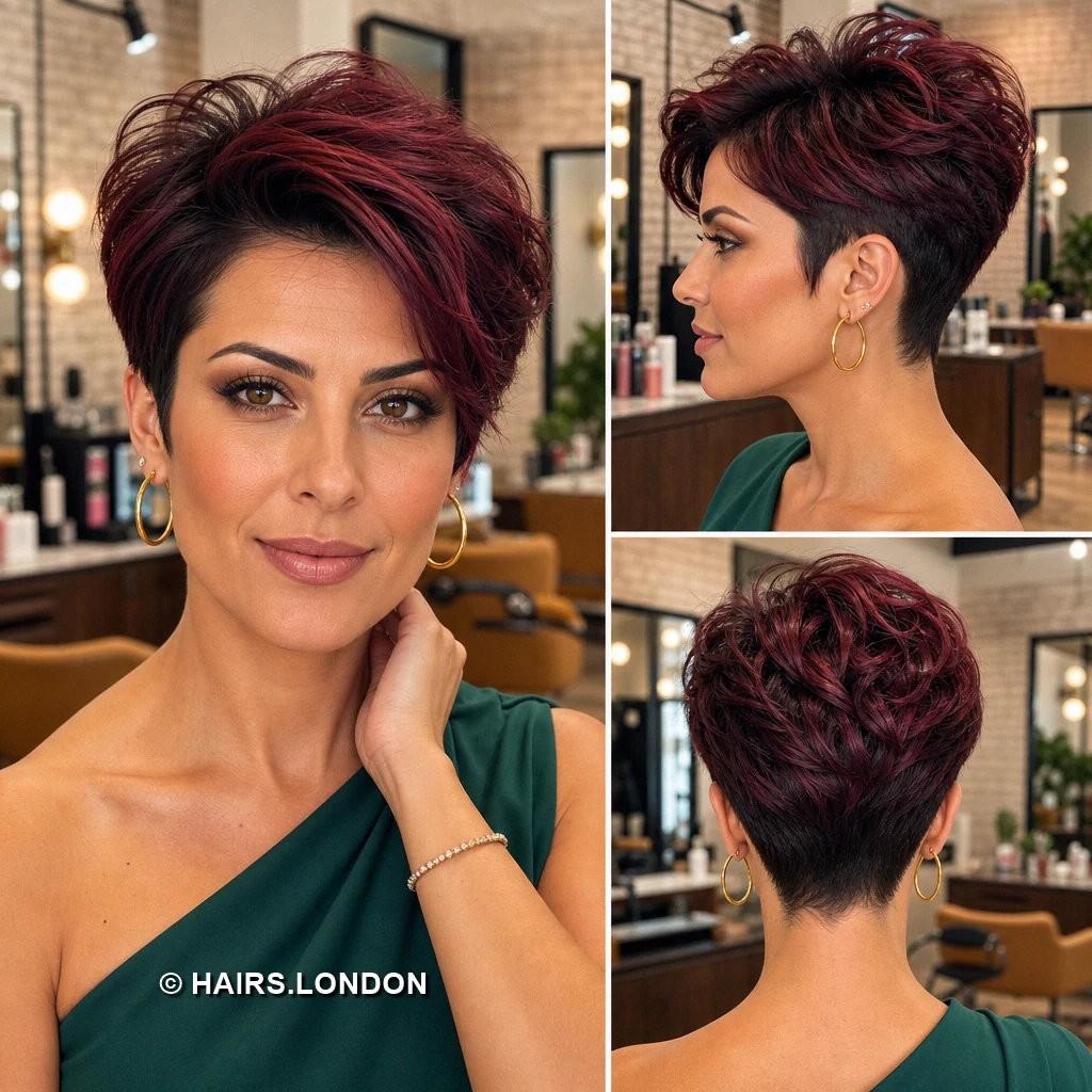 20 Burgundy Pixie Cuts: Swept Fringes, Textured Crowns and Curly Shapes Burgundy Curved Ringlets