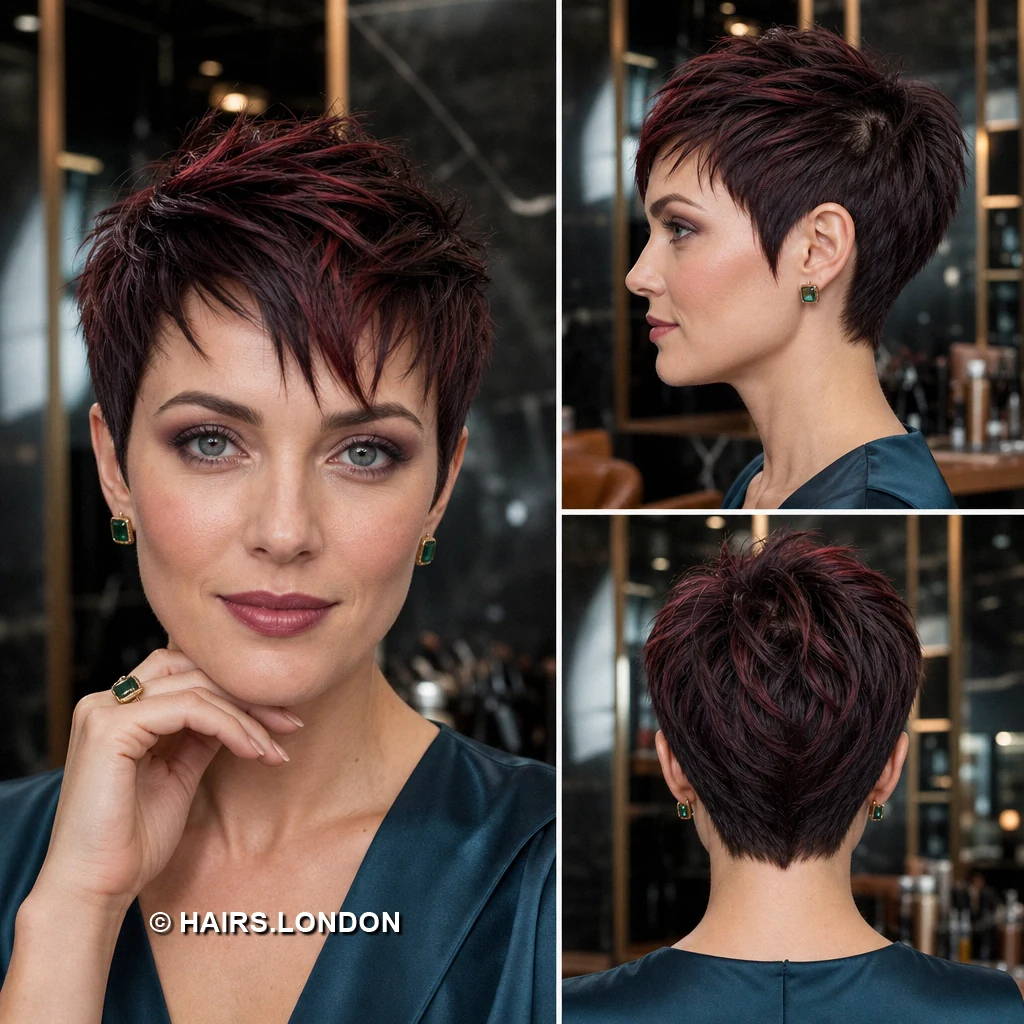 19 Burgundy Pixie Haircuts with Texture, Lift, and Side-Swept Shape Burgundy Dense Ringlets