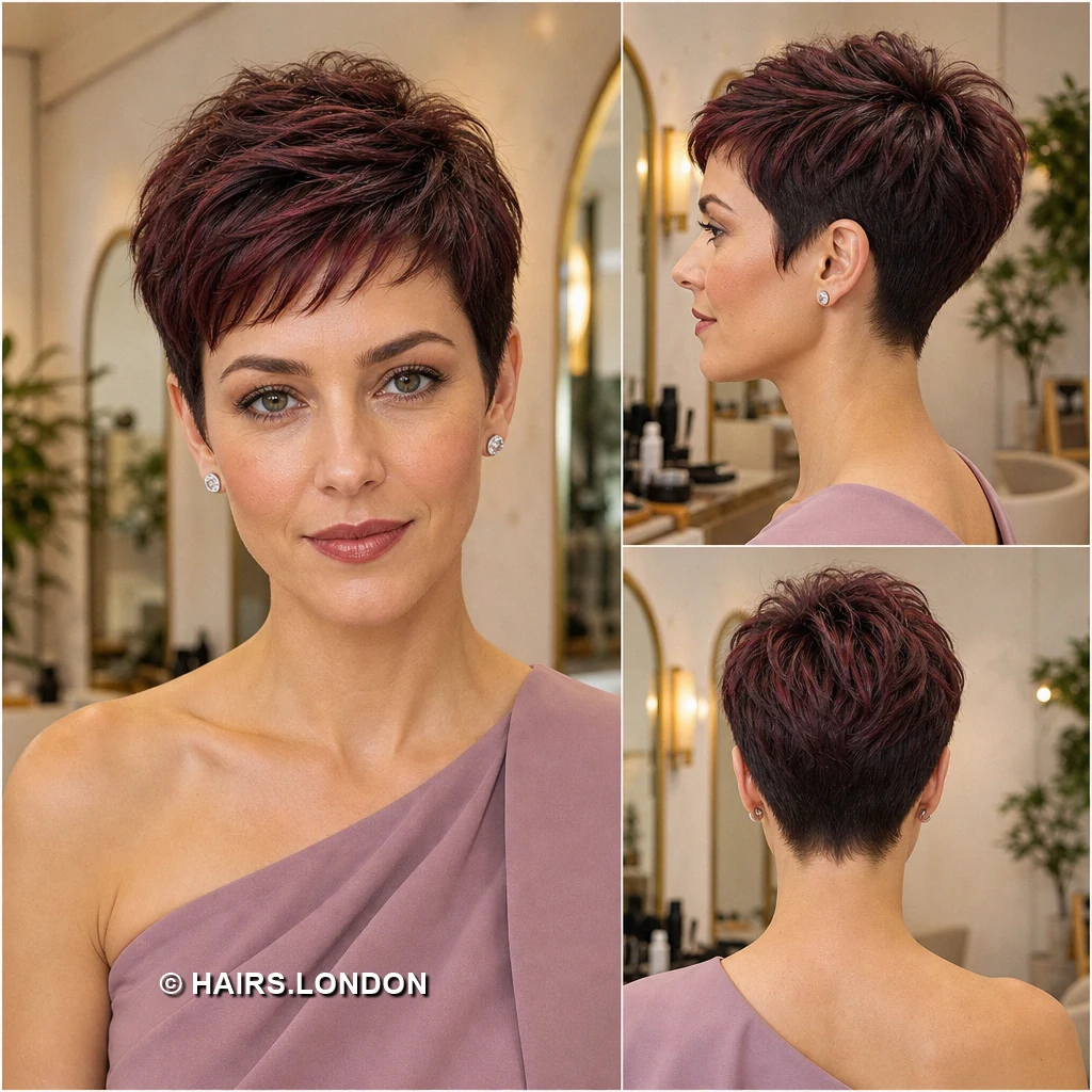 17 Burgundy Pixie Haircuts With Swept Fringes and Textured Crowns Burgundy Diagonal Crop