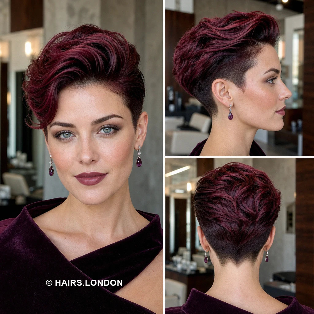 19 Burgundy Pixie Haircuts with Swept Fringes and Textured Crowns Burgundy Diagonal Drape