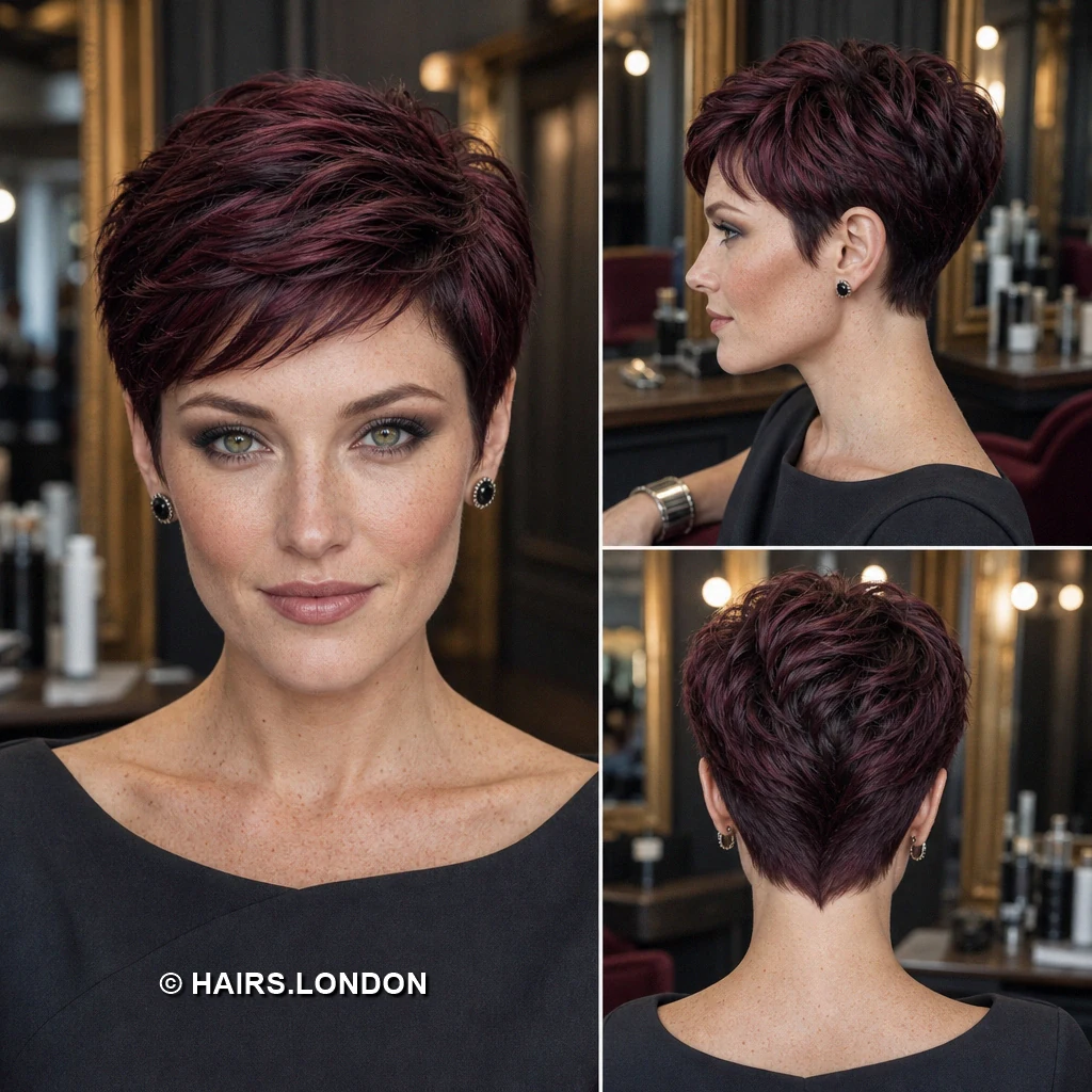 19 Burgundy Pixie Haircuts with Texture, Lift, and Side-Swept Shape Burgundy Diagonal Layers