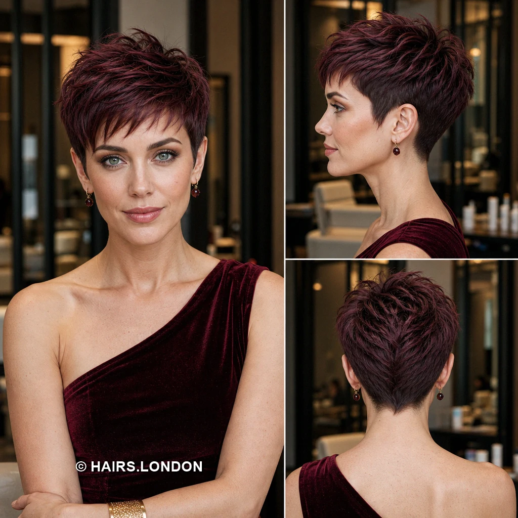 19 Burgundy Pixie Haircuts with Texture, Lift, and Side-Swept Shape Burgundy Extended Fringe