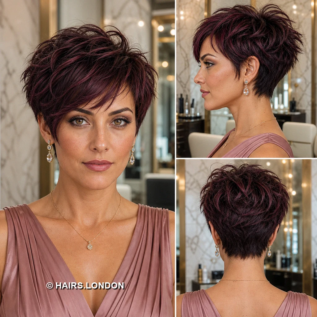 15 Burgundy Pixie Cuts with Texture, Curls, and Sweeping Fringes Burgundy Feathered Bangs