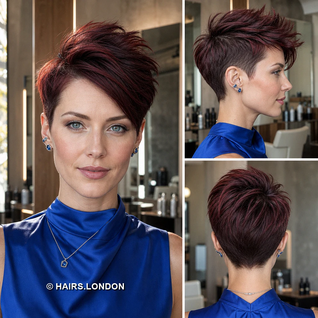 19 Burgundy Pixie Haircuts with Texture, Lift, and Side-Swept Shape Burgundy Feathered Crest