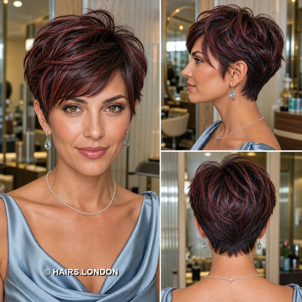 17 Burgundy Pixie Haircuts With Swept Fringes and Textured Crowns Burgundy Feathered Pixie