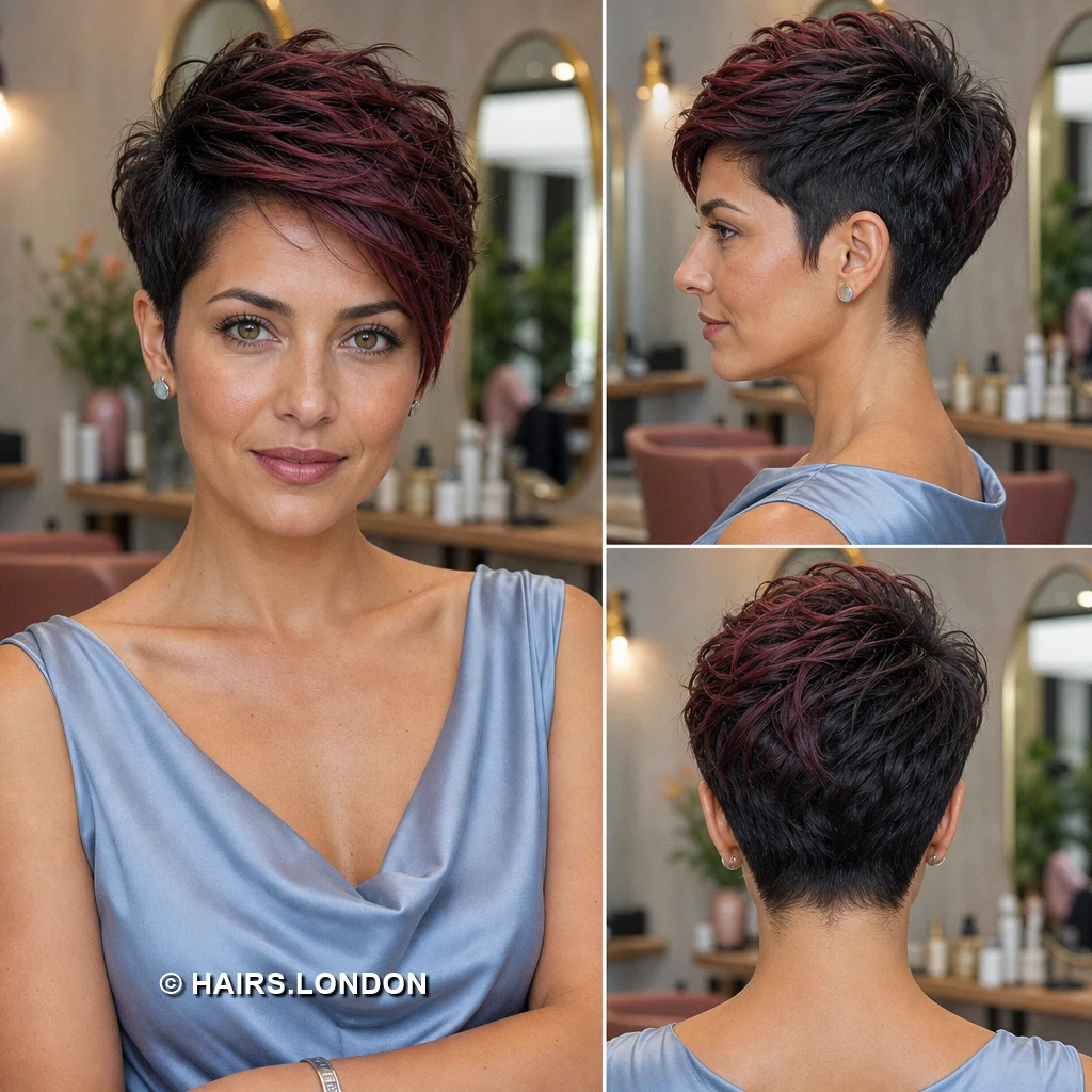 17 Purple Pixie Haircuts with Sweeping Fringes and Textured Crowns Burgundy Feathered Pixie