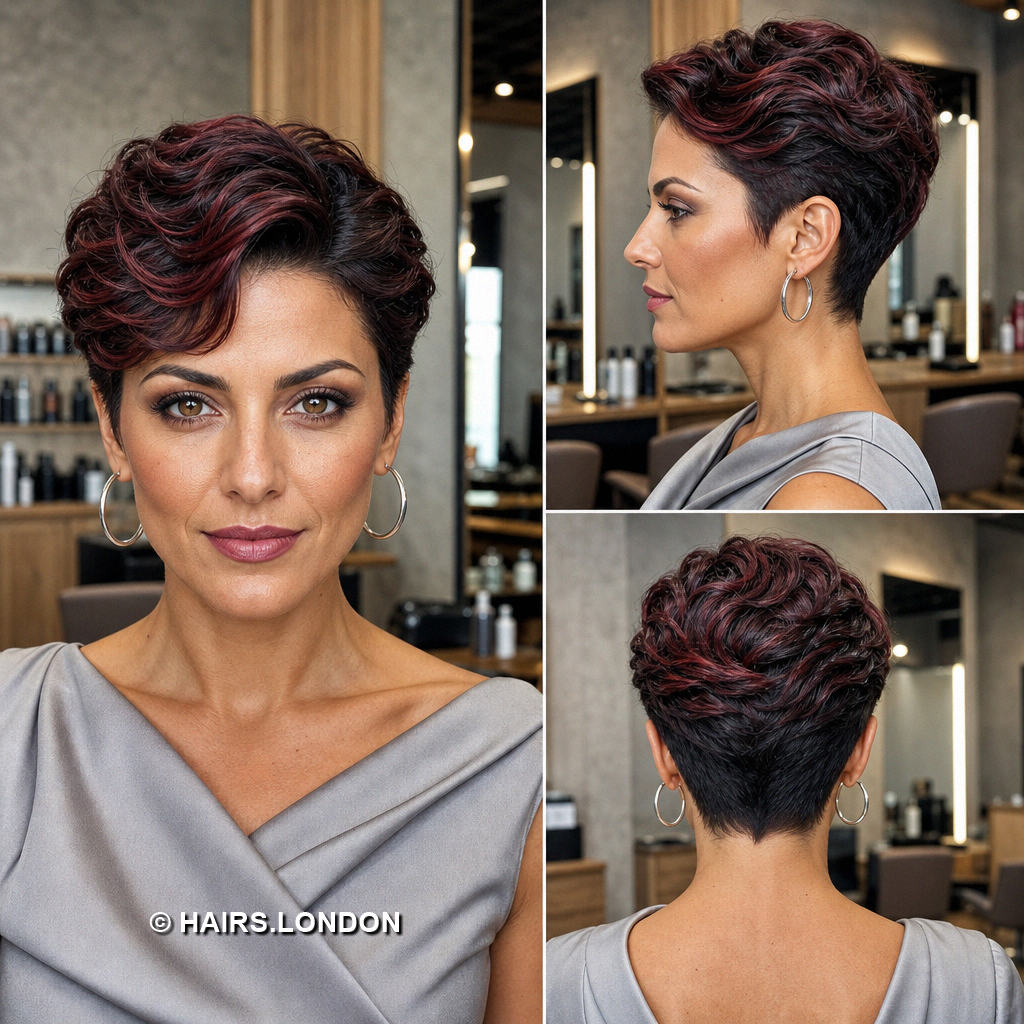 19 Burgundy Pixie Haircuts with Cherry Ribbons, Curls, and Quiffs Burgundy Fingerwave Pixie