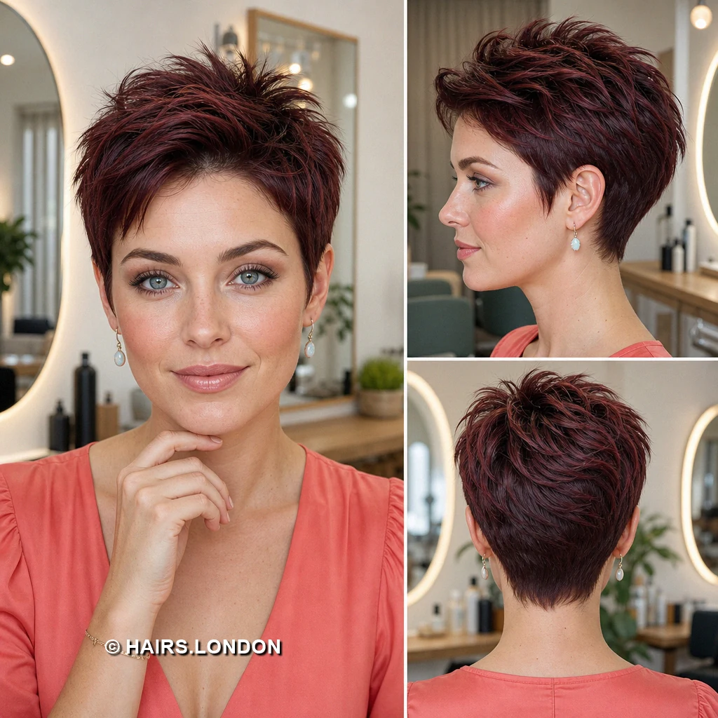17 Burgundy Pixie Haircuts With Swept Fringes and Textured Crowns Burgundy Fragmented Pixie