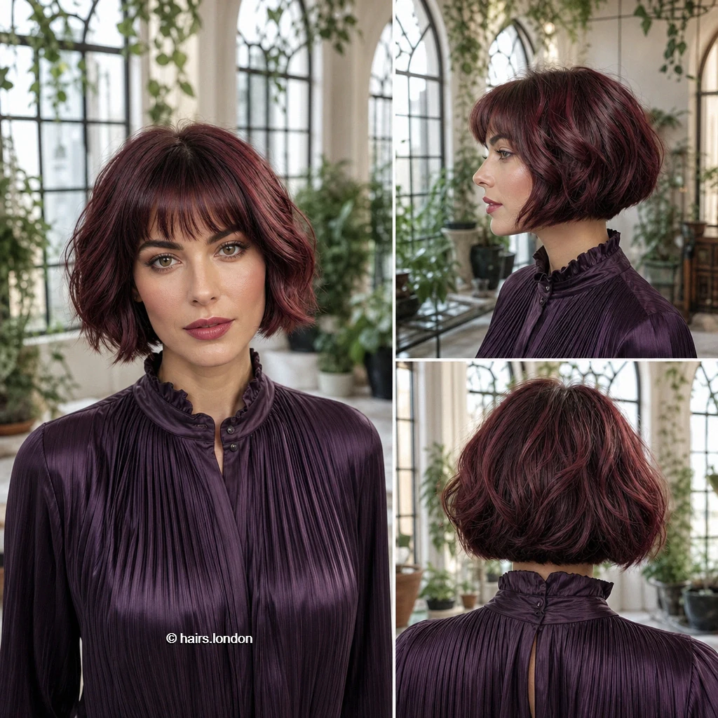20 Bob Haircut Ideas: Rounded, Textured and Fringe Styles Burgundy Fringed Bob