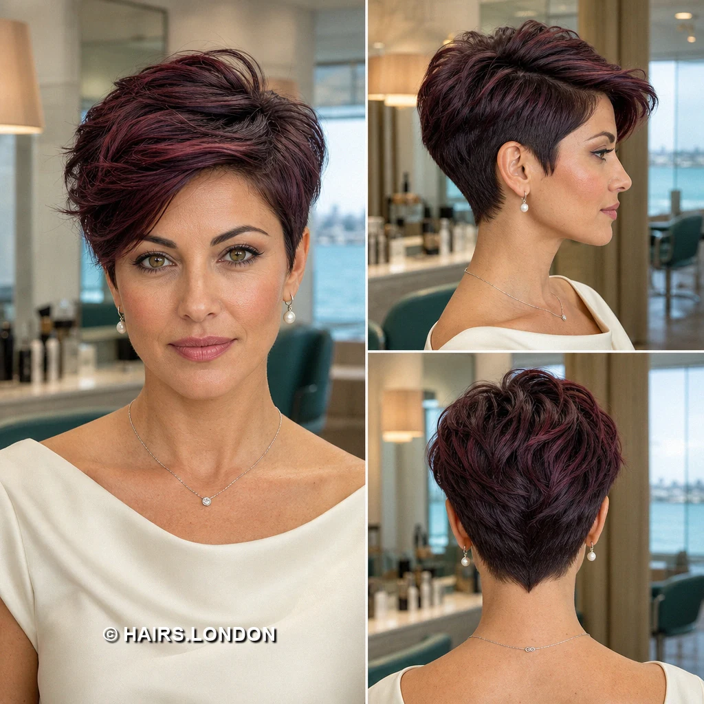 20 Burgundy Pixie Cuts: Swept Fringes, Textured Crowns and Curly Shapes Burgundy Fullsweep Pixie