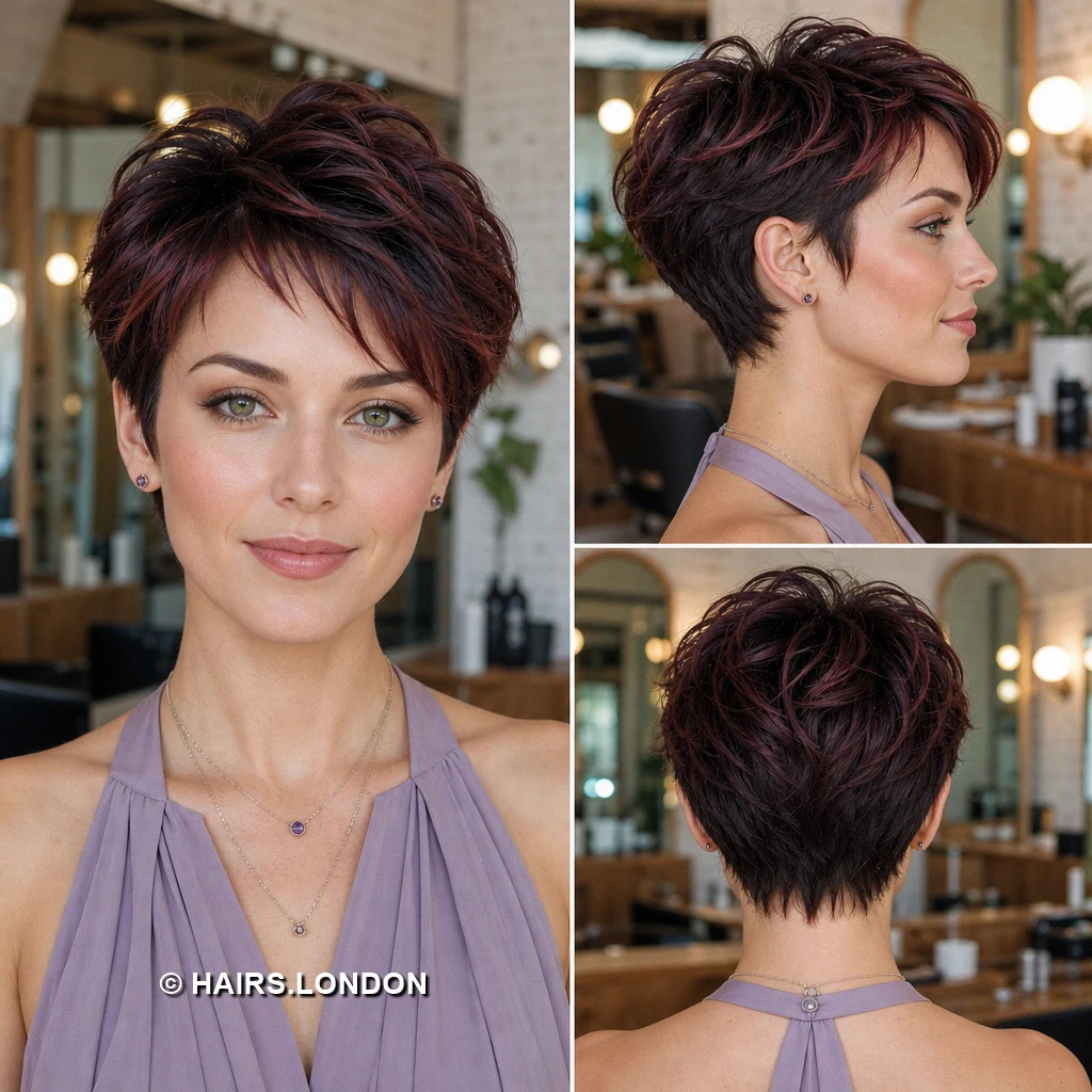 17 Burgundy Pixie Haircuts With Swept Fringes and Textured Crowns Burgundy Glossy Sweep