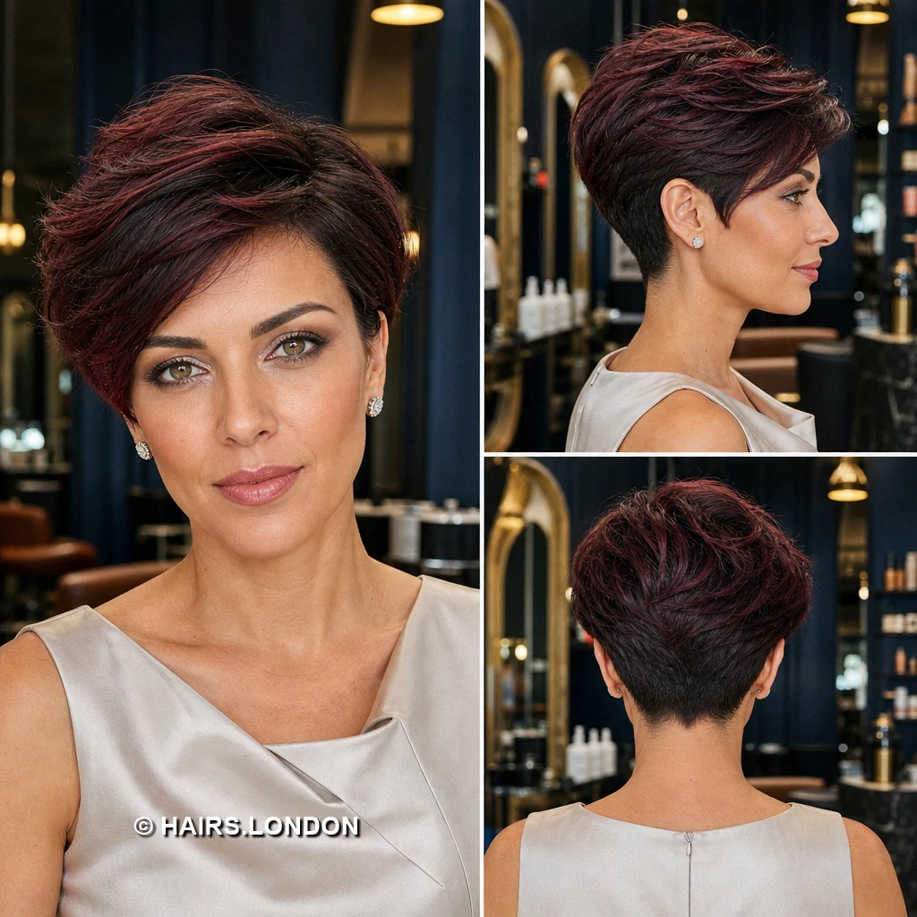 19 Burgundy Pixie Haircuts with Texture, Lift, and Side-Swept Shape Burgundy Layered Sweep