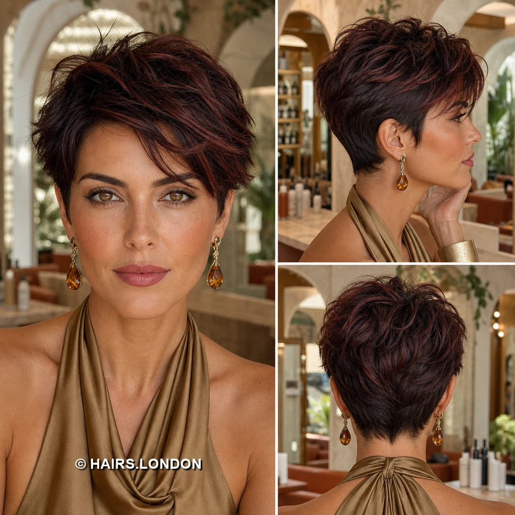 17 Burgundy Pixie Haircuts With Swept Fringes and Textured Crowns Burgundy Piecework Crop