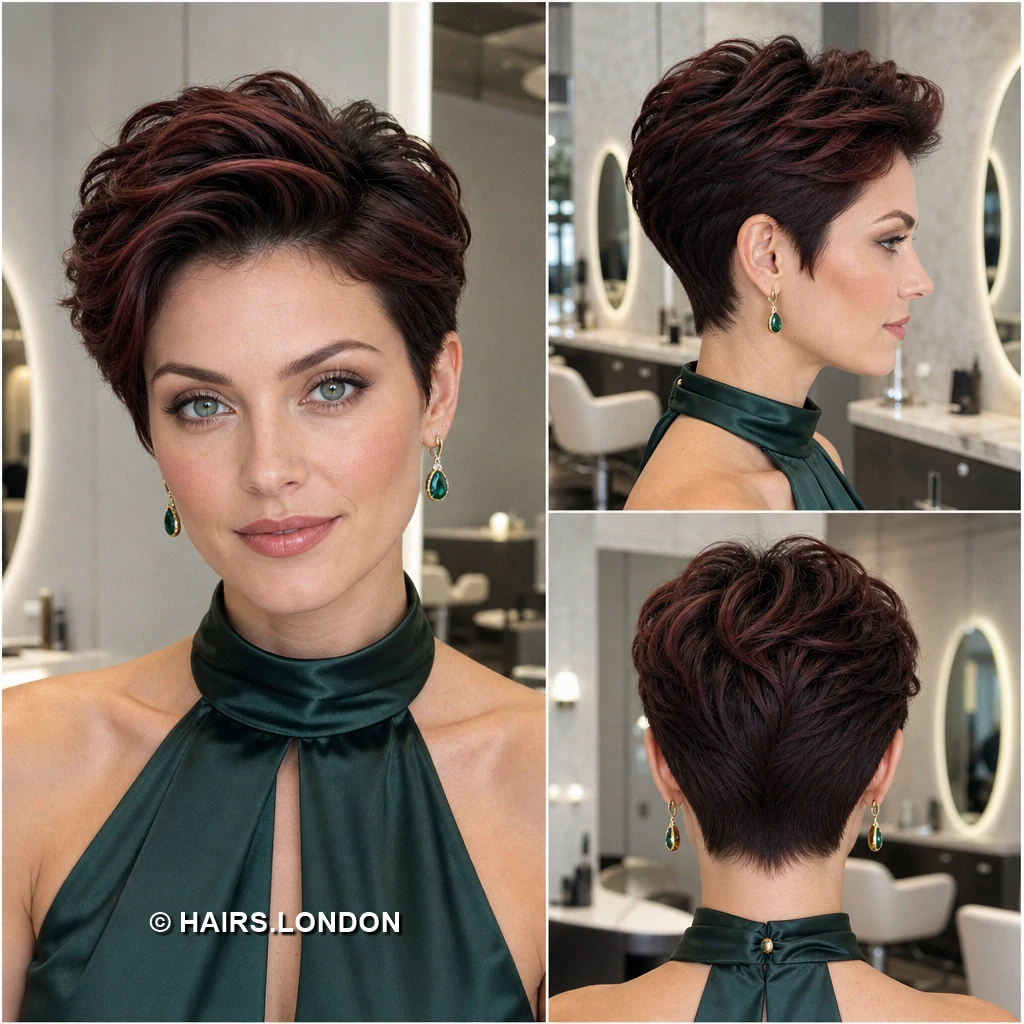 19 Burgundy Pixie Haircuts with Texture, Lift, and Side-Swept Shape Burgundy Piecey Fringe