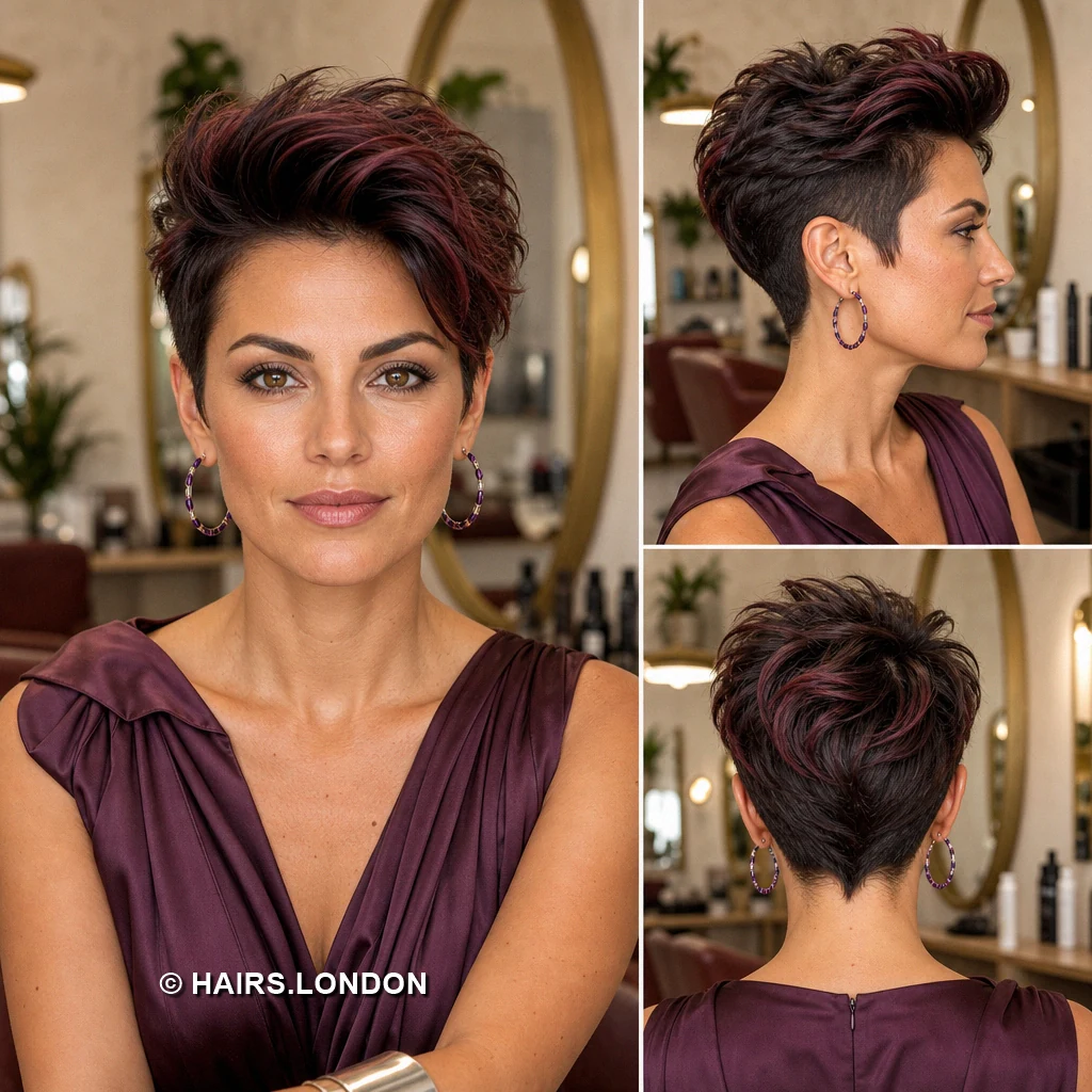 20 Burgundy Pixie Cuts: Swept Fringes, Textured Crowns and Curly Shapes Burgundy Pointed Fringe