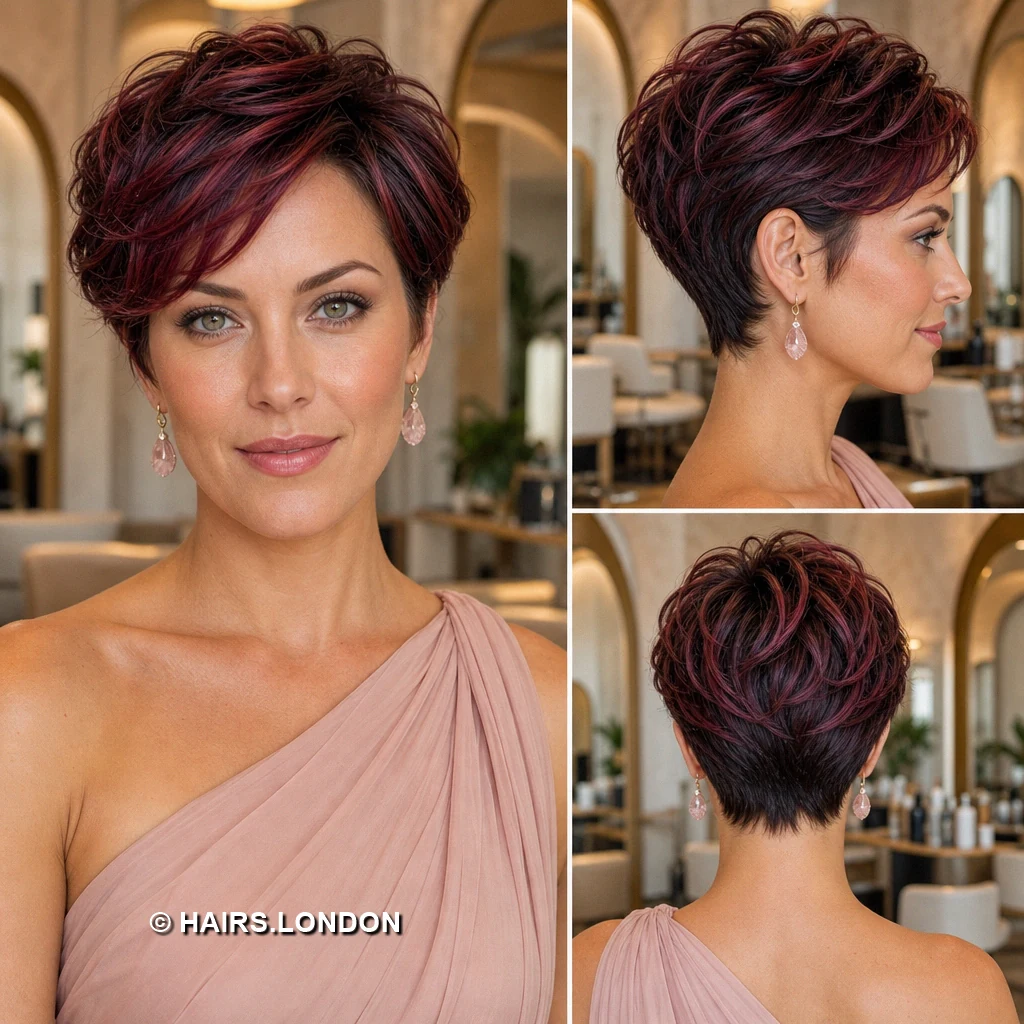 17 Burgundy Pixie Haircuts With Swept Fringes and Textured Crowns Burgundy Ribbon Pixie