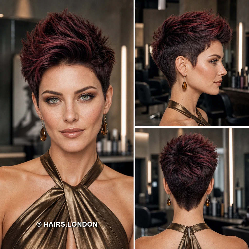 19 Burgundy Pixie Haircuts with Texture, Lift, and Side-Swept Shape Burgundy Rolled Quiff