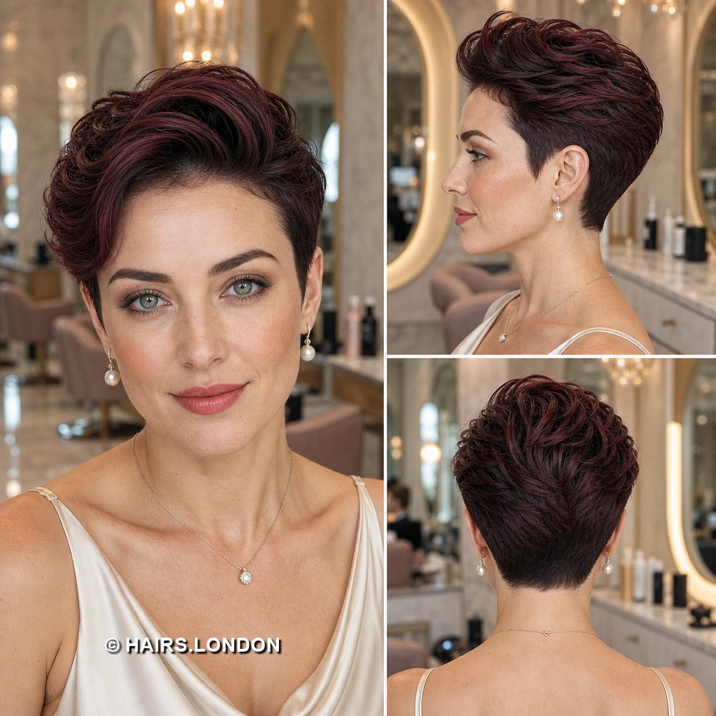 17 Burgundy Pixie Haircuts With Swept Fringes and Textured Crowns Burgundy Sculpted Sweep
