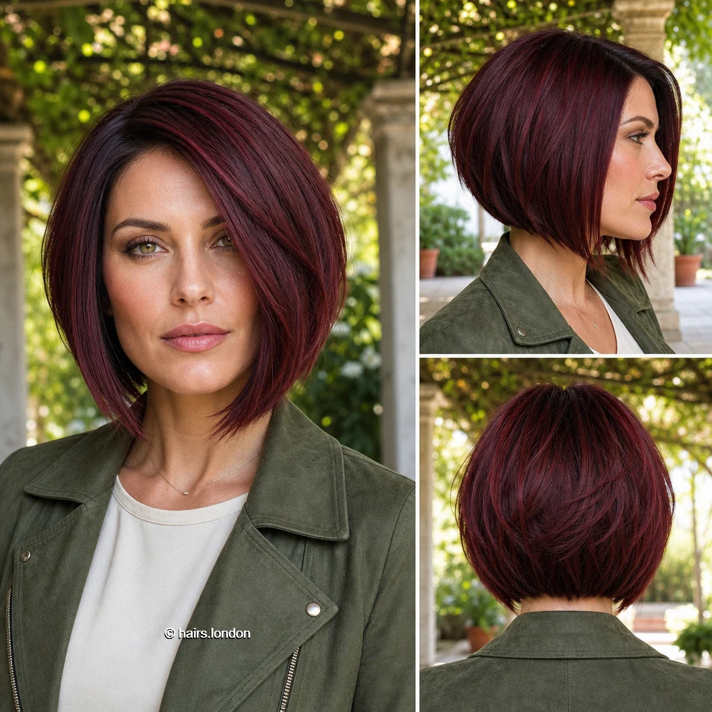 20 Colorful Bob Haircuts, From Textured Crops to Sleek Angled Shapes Burgundy Sloping Bob