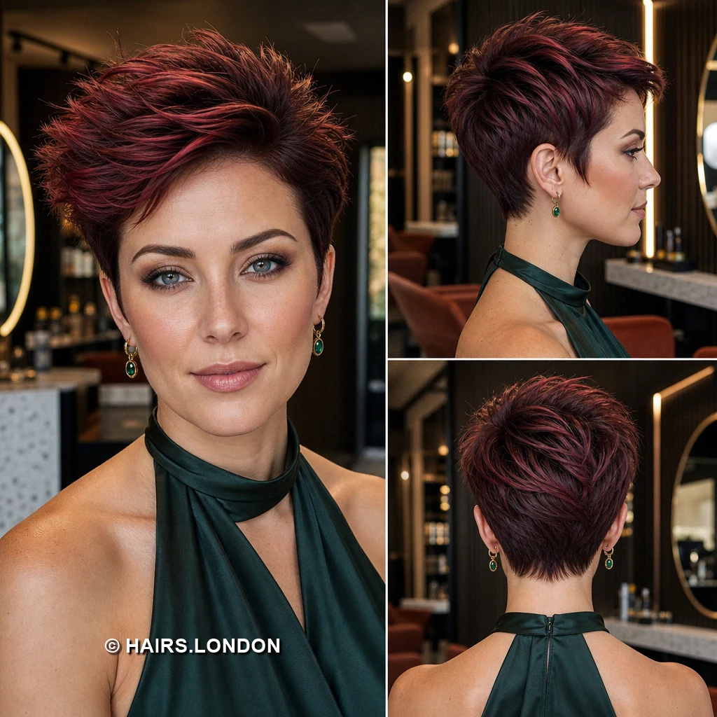 19 Burgundy Pixie Haircuts with Texture, Lift, and Side-Swept Shape Burgundy Spiked Crown