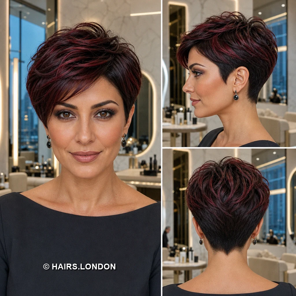 19 Burgundy Pixie Haircuts with Texture, Lift, and Side-Swept Shape Burgundy Spiky Fringe