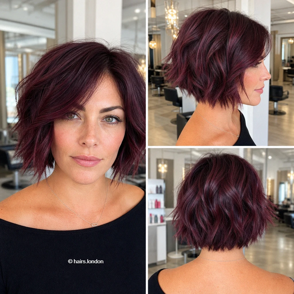 22 Bob Haircut Ideas: Sleek Angles, Soft Layers and Textured Shapes Burgundy Tousled Bob