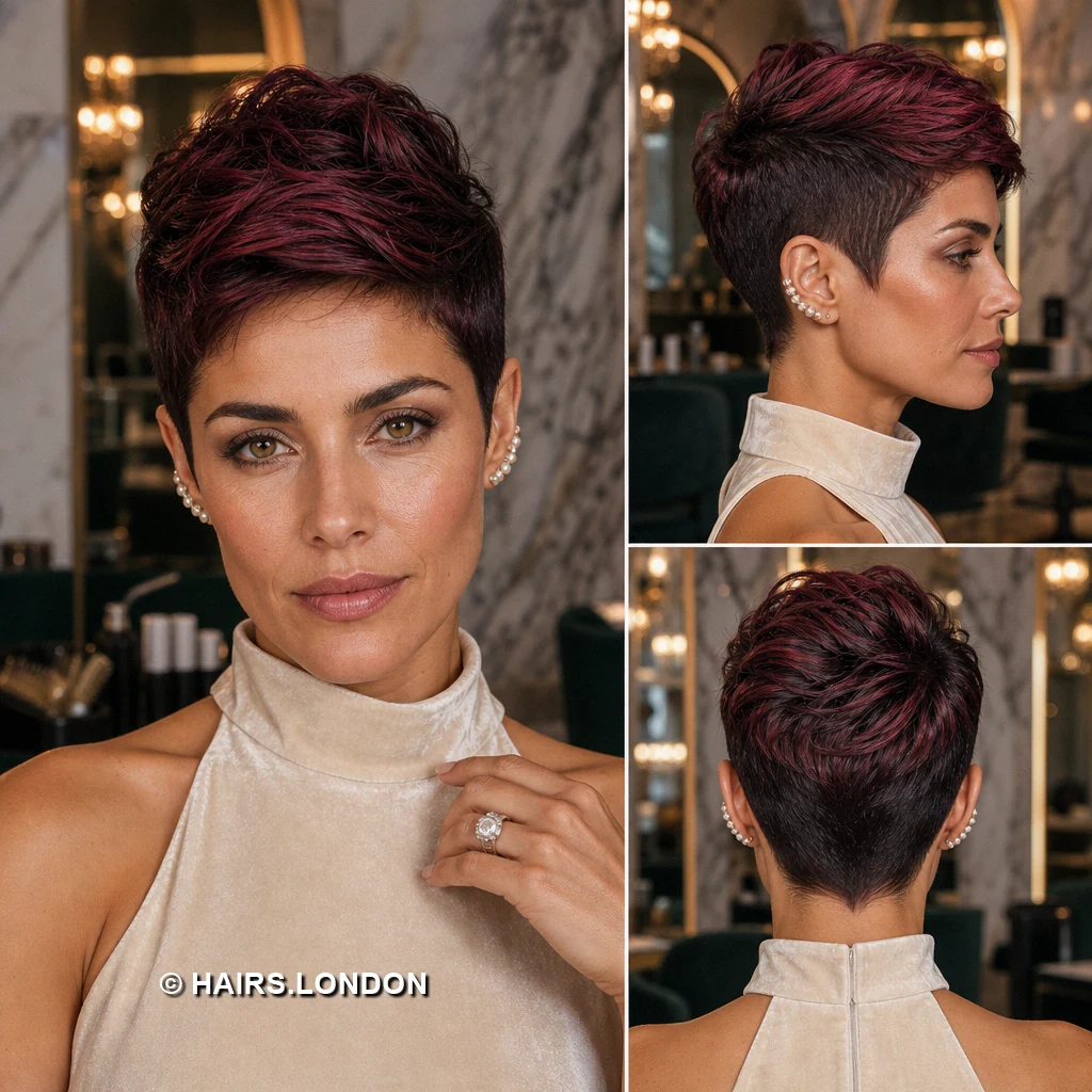 19 Burgundy Pixie Haircuts with Texture, Lift, and Side-Swept Shape Burgundy Tousled Fringe