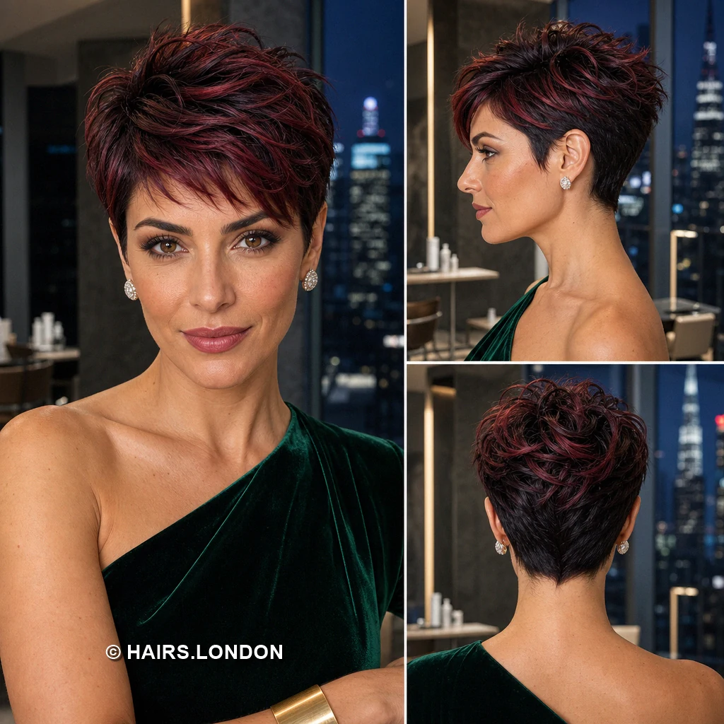 19 Burgundy Pixie Haircuts with Texture, Lift, and Side-Swept Shape Burgundy Upright Spikes