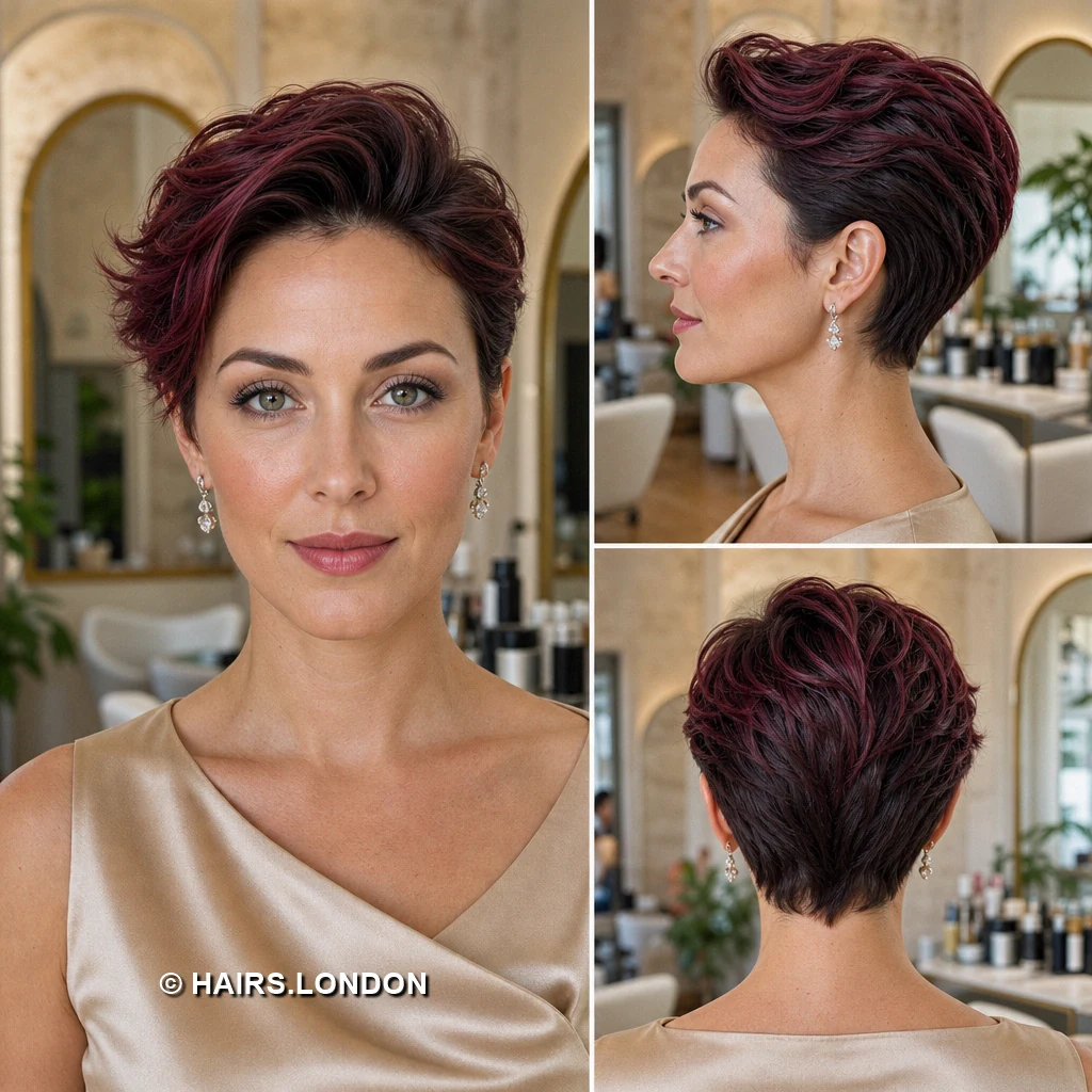 19 Burgundy Pixie Haircuts with Swept Fringe, Texture, and Tapered Napes Burgundy Waved Pixie
