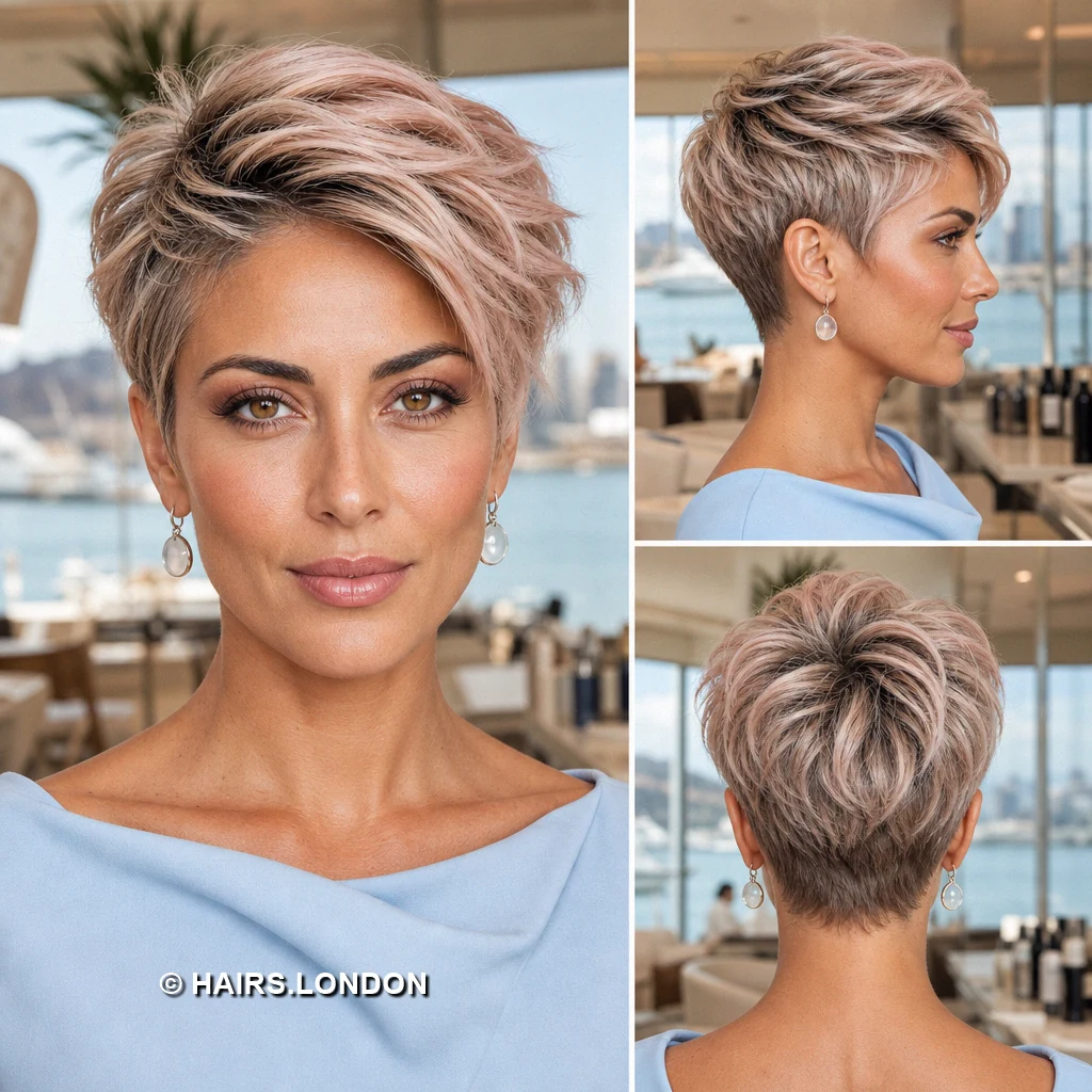 19 Highlighted Pixie Haircuts with Curls, Sweeps, and Tapered Napes Caramel Angled Fringe