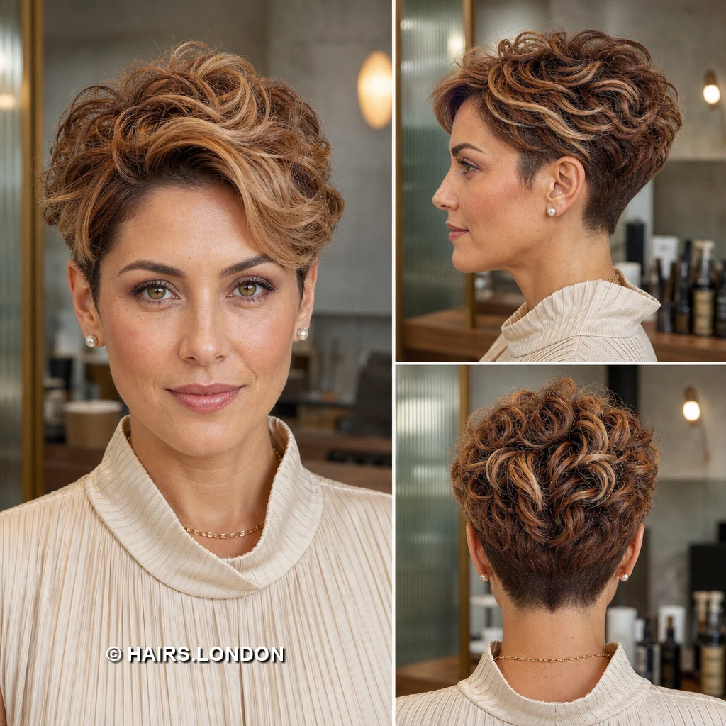 19 Highlighted Pixie Haircuts with Curls, Sweeps, and Tapered Napes Caramel Coiled Taper