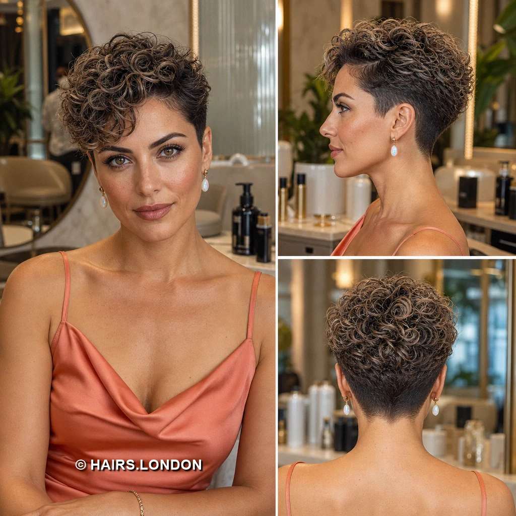 20 Short Brunette Pixie Haircuts with Curls, Sweeps, and Tapered Napes Caramel Curly Taper