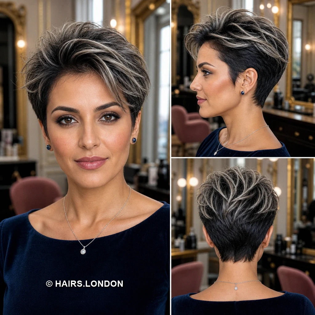 14 Silver Highlighted Pixie Cuts With Shape and Texture Charcoal Silver Fringe