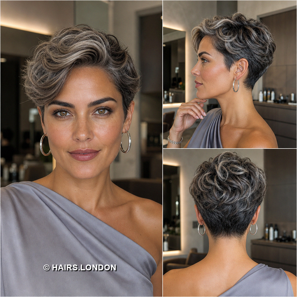 19 Silver Pixie Haircuts with Curly Crowns and Side Swept Fringes Charcoal Wavy Pixie