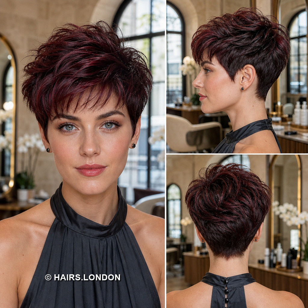 19 Burgundy Pixie Haircuts with Cherry Ribbons, Curls, and Quiffs Cherry Feathered Pixie