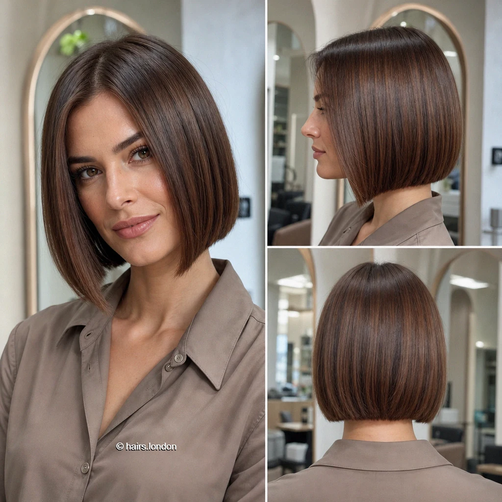 25 Brunette Bob Haircuts: Sleek Lines, Soft Layers and Short Stacks Chestnut Angled Bob