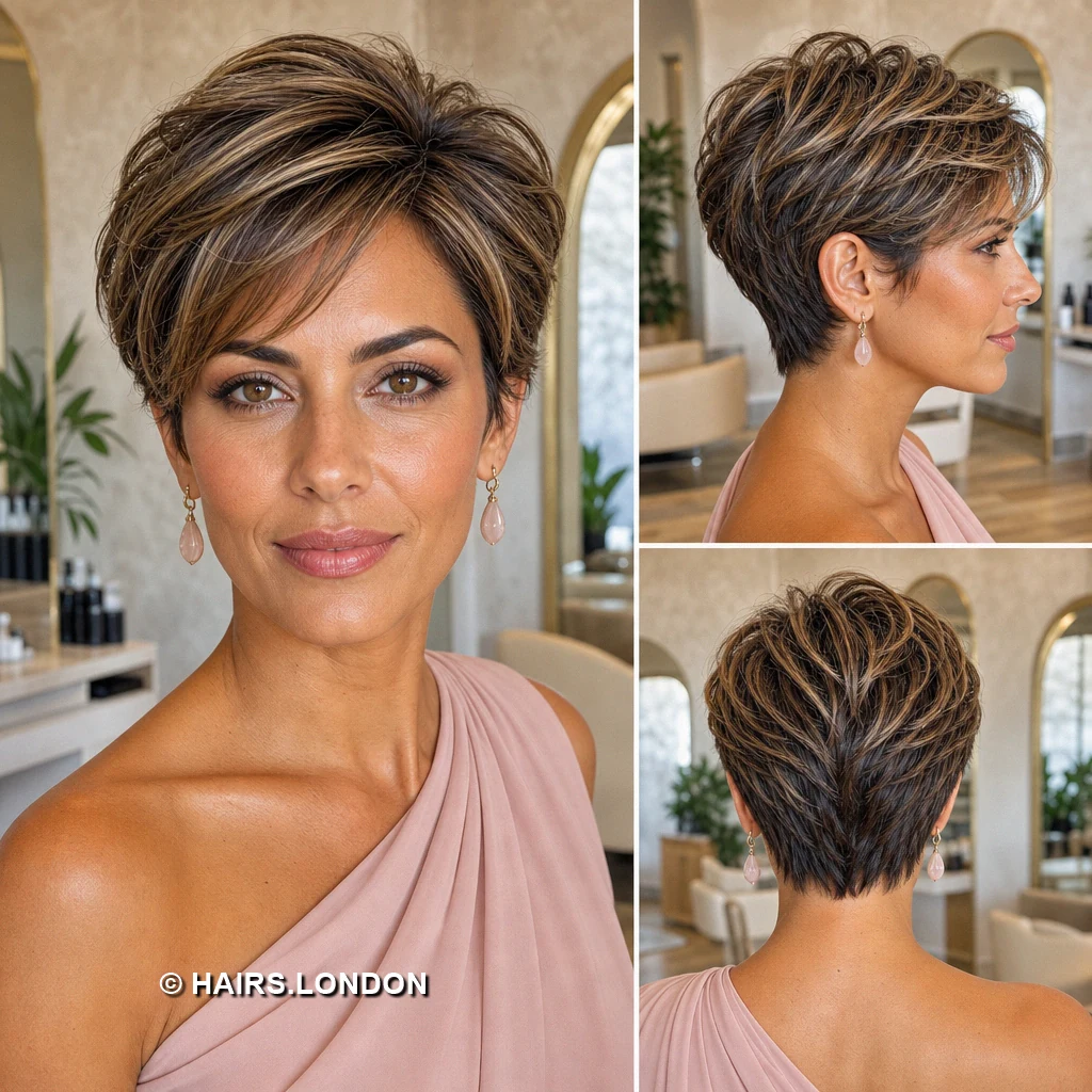 19 Textured Brunette Pixie Cuts with Swept Fringes and Tapered Napes Chestnut Brushed Curve