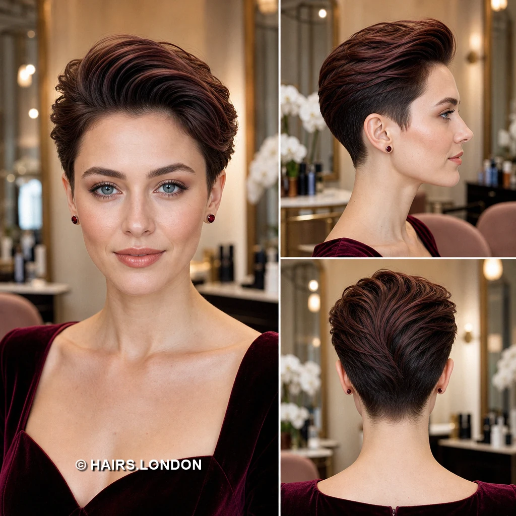 20 Burgundy Pixie Cuts, From Sleek Sweeps to Sculpted Curls Chestnut Brushedback Pixie