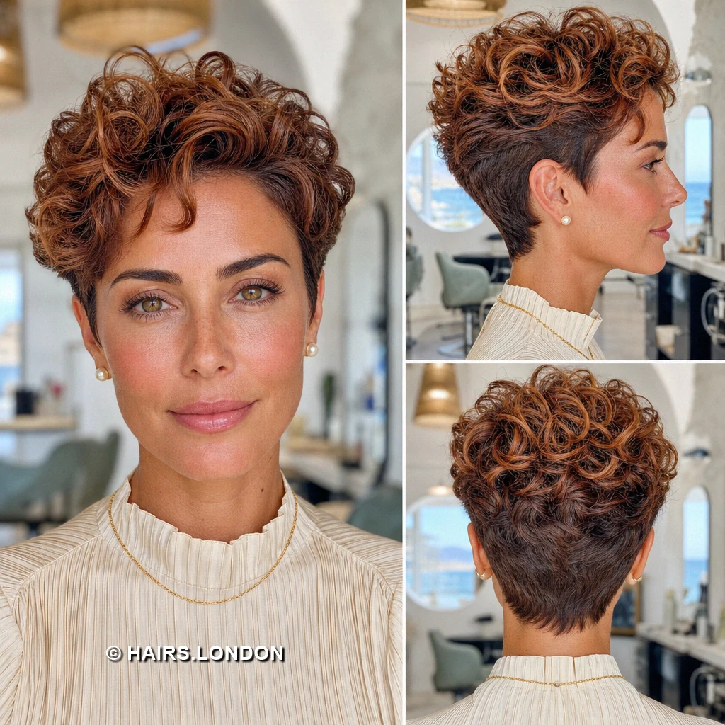 19 Highlighted Pixie Haircuts with Curls, Sweeps, and Tapered Napes Chestnut Curled Taper