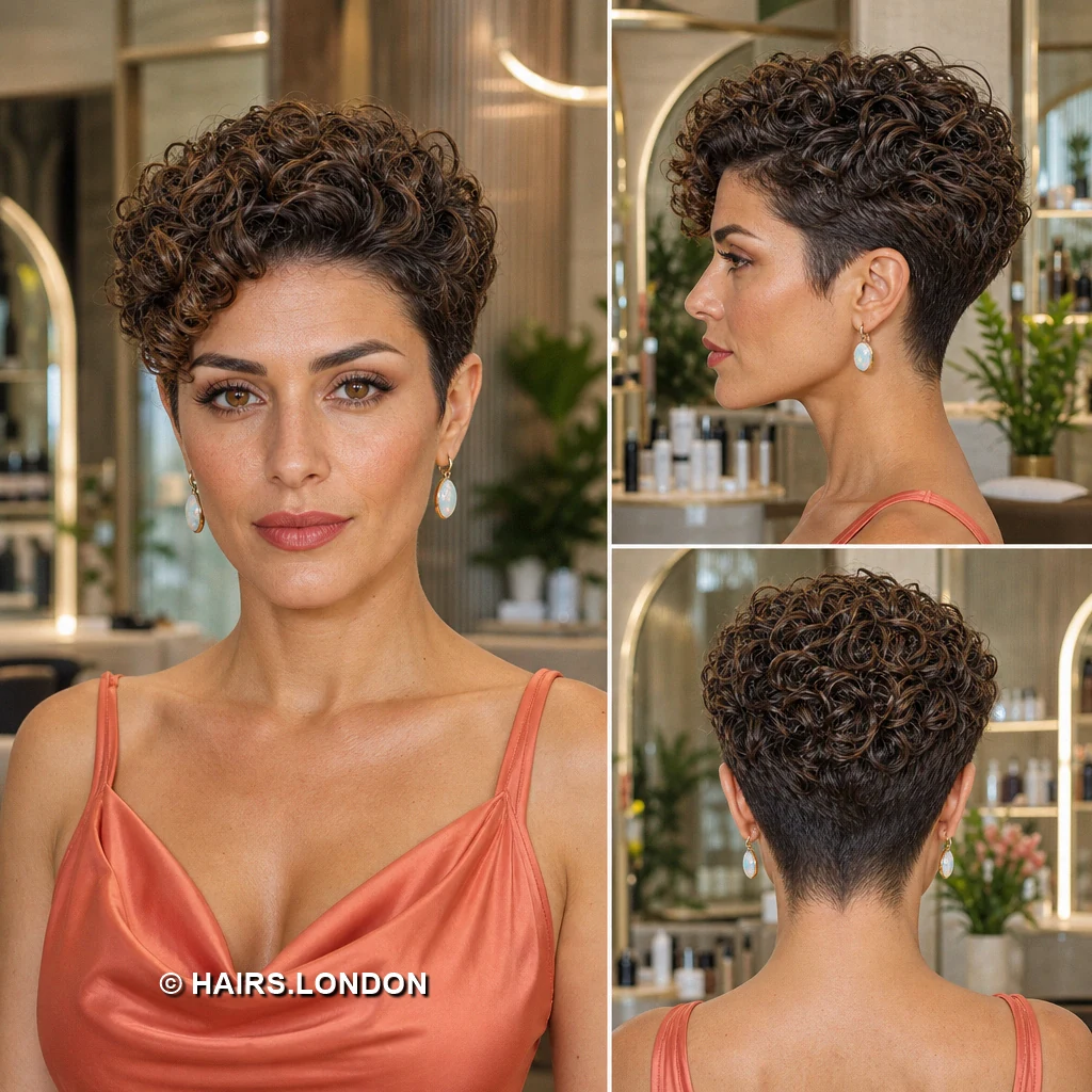 20 Short Brunette Pixie Haircuts with Curls, Sweeps, and Tapered Napes Chestnut Curly Pixie
